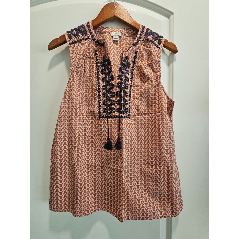 J Crew Embroidered V-Neck Tassel Tank Top Pink Brown Blue Cotton Ltweight Sz 6